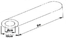 Diagram for question: What is the volume of metal used in the pipe shown?