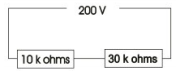 Diagram for question: In the circuit shown, the power developed across the 10 kilo ohm resistor is