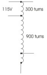 Diagram for question: The input is 115V and is applied across the 300 turn portion of the autotransformer shown. What is t