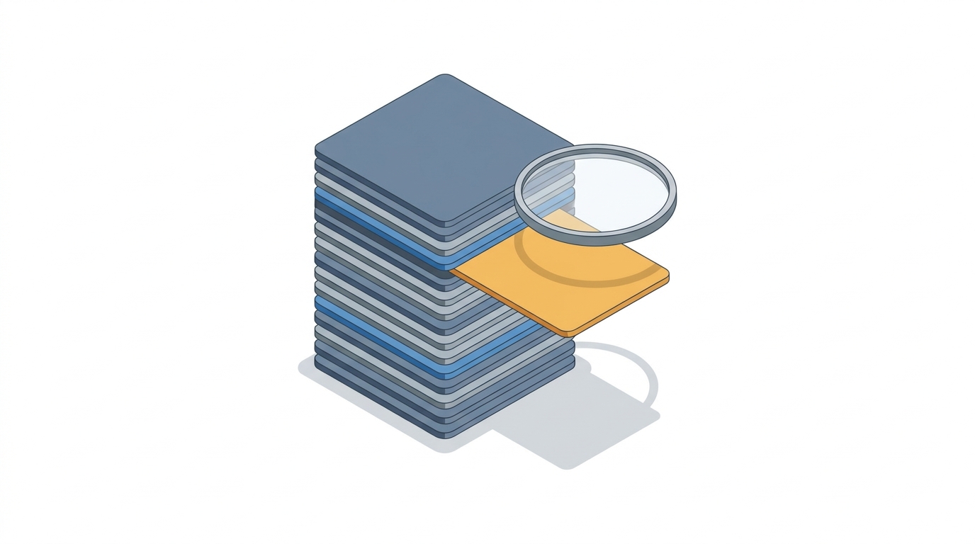 Isometric illustration of a tall stack of plain flat plates with a single plate drawn out from the middle in amber, and a round magnifier held above it