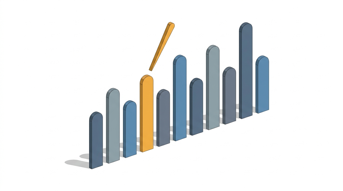 Isometric illustration of a row of upright markers at irregular heights, one of them - not the tallest - picked out in amber with a slim pointer angled down at its top