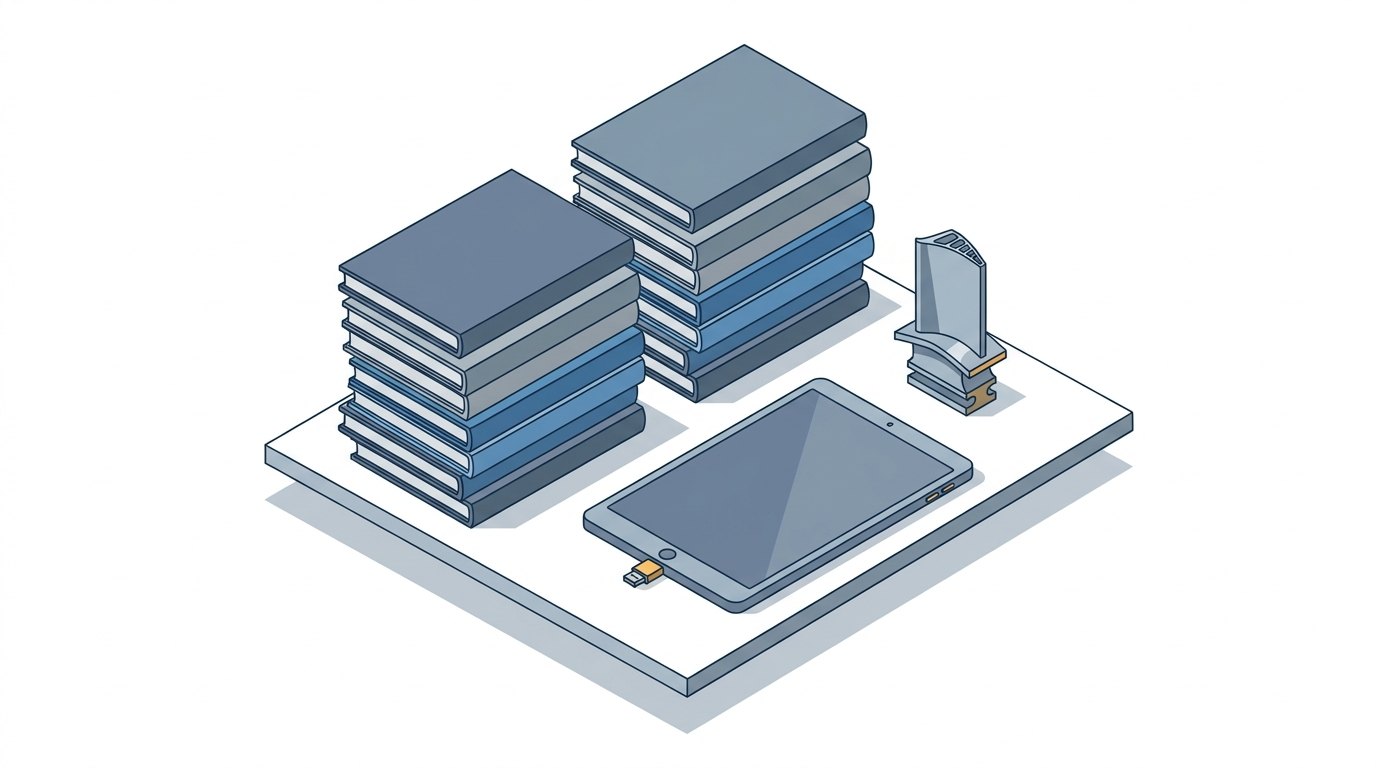 Isometric illustration of the Study Notes as two stacks of books beside a tablet and a turbine blade