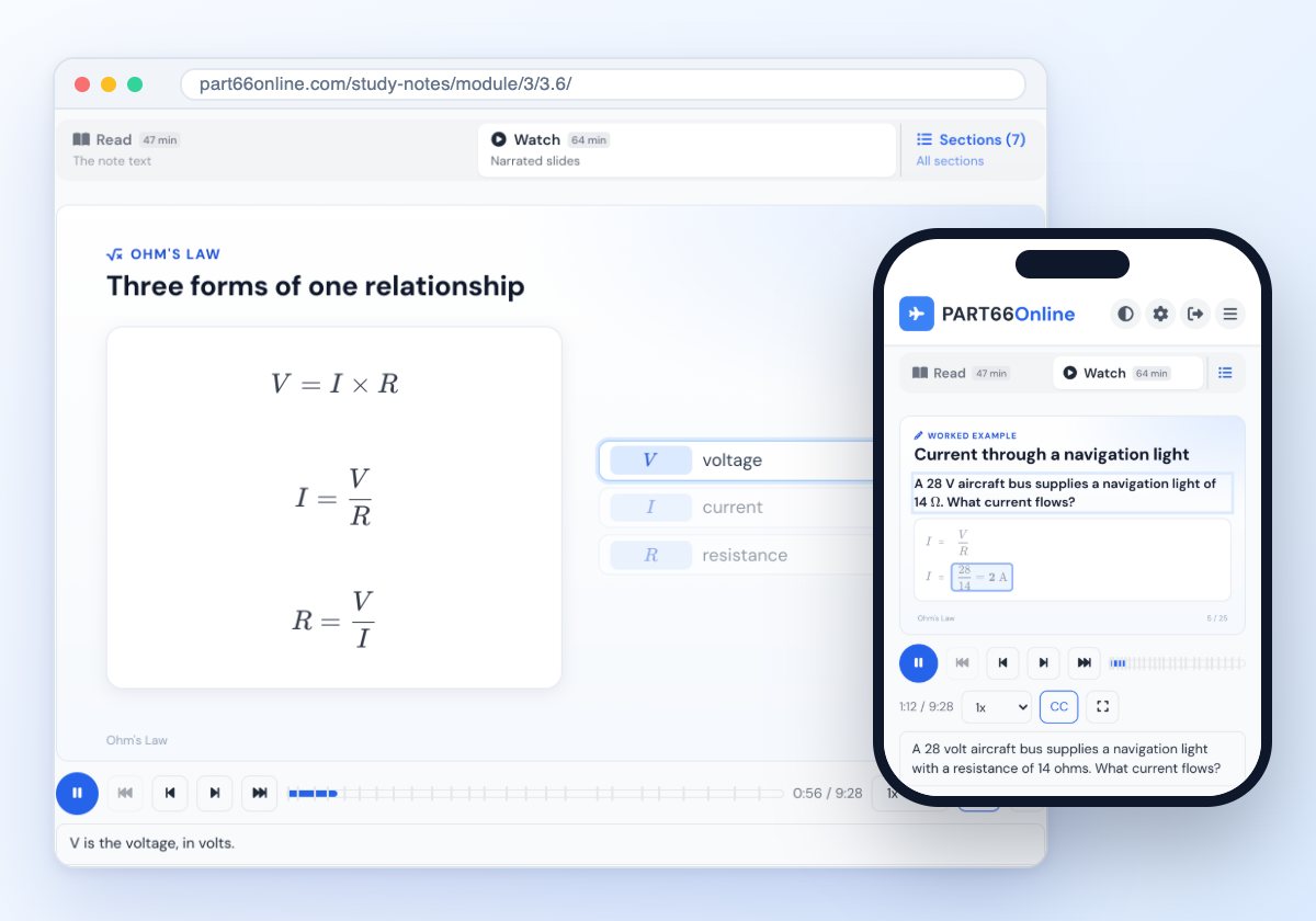 The study note on Ohm's Law in Watch mode on a laptop and a phone: a narrated slide with the three forms of the formula, the Read and Watch switch above it, and the player controls below