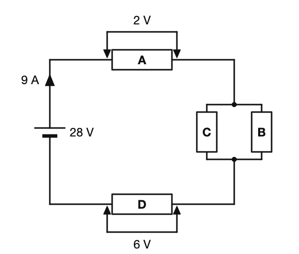 Diagram for question: Resistors B and C are equal. What is the current through resistor C?