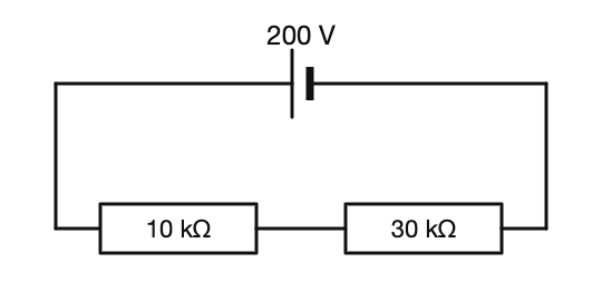 Diagram for question: In the circuit shown, the power developed across the 10 kilo ohm resistor is