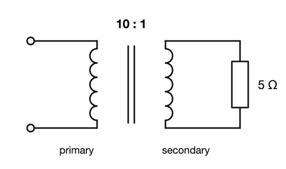 Diagram for question: What is the reflected impedance in the primary of the transformer circuit shown?