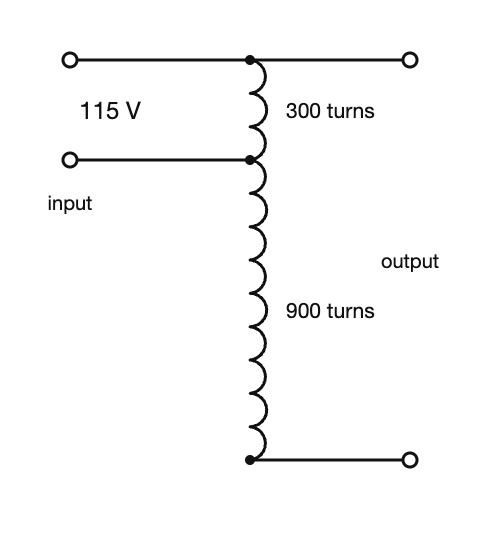 Diagram for question: The input is 115V and is applied across the 300 turn portion of the autotransformer shown. What is t