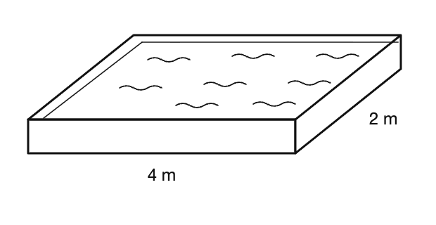Diagram for question: What is the depth of water in the tank shown if the volume of water is 4000 litres?