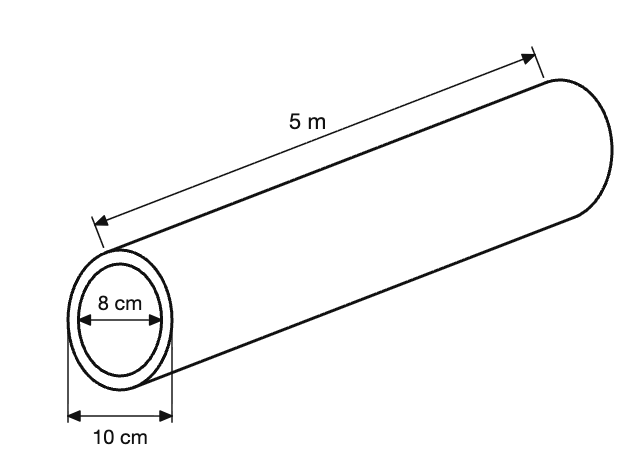 Diagram for question: What is the volume of metal used in the pipe shown?
